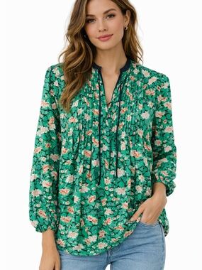 Old Navy Green Floral Boho Blouse Small Peasant Tunic Top Rayon